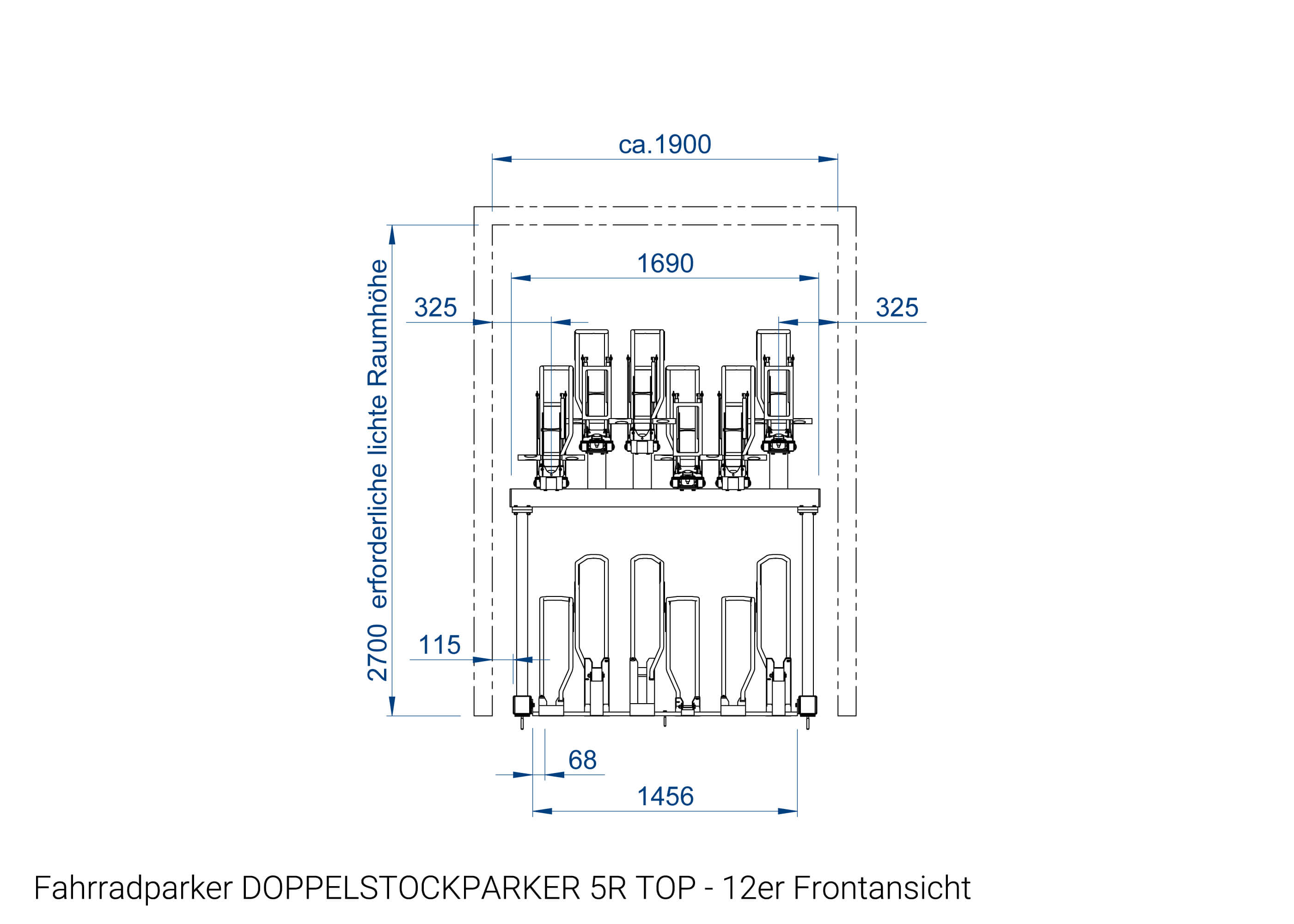Fahrradparker DOPPELSTOCKPARKER 5R TOP 12er Frontansicht Zeichnung Fahrradparker DOPPELSTOCKPARKER 5R TOP 12er Frontansicht Zeichnung