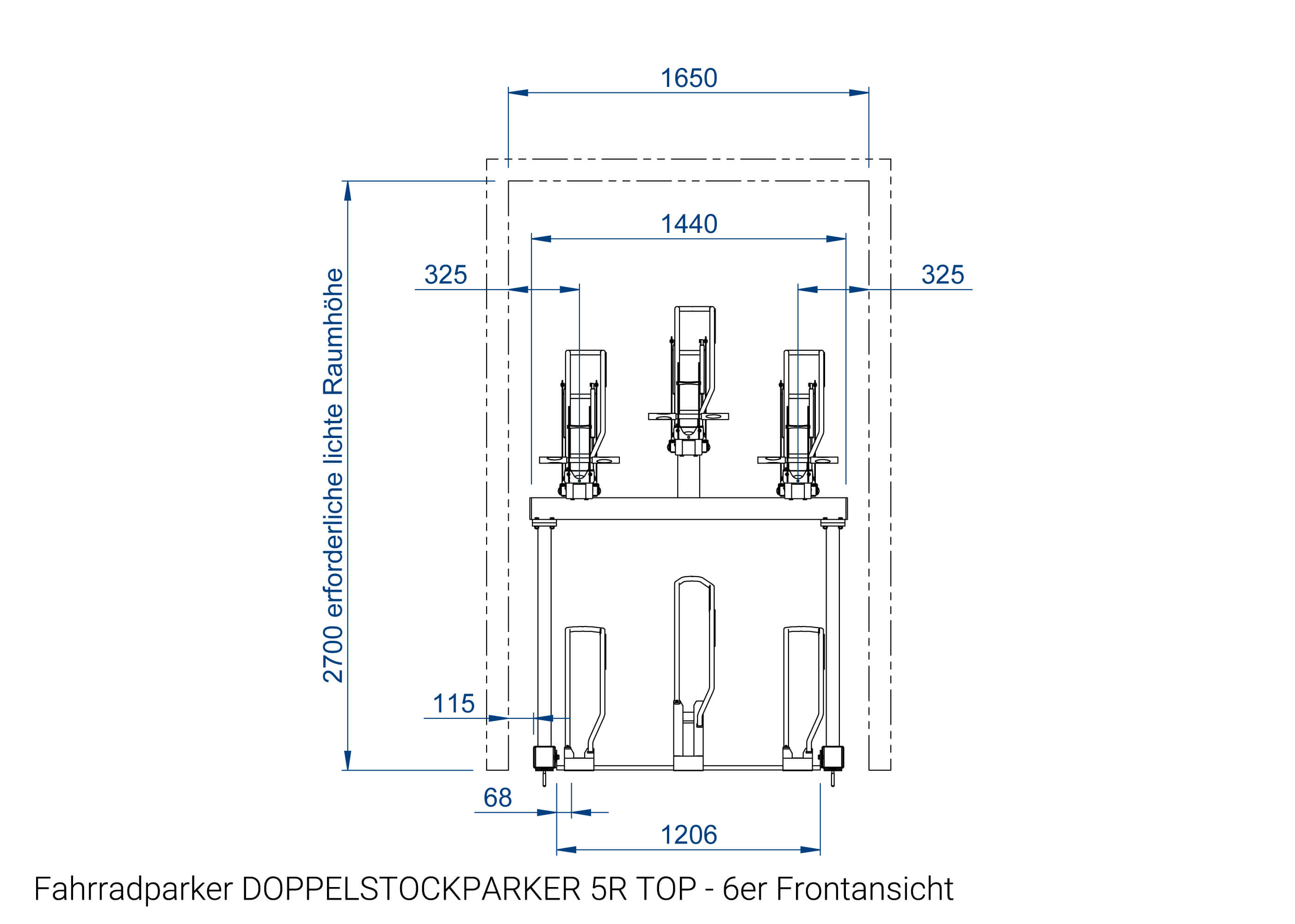 Fahrradparker DOPPELSTOCKPARKER 5R TOP 6er Frontansicht Zeichnung Fahrradparker DOPPELSTOCKPARKER 5R TOP 6er Frontansicht Zeichnung
